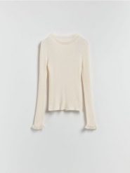 Dzianinowa bluzka z jedwabiem - złamana biel. Bluzki Reserved, l, bez wzorów, z dzianiny, bez kołnierzyka, bez ramiączek. Za 179.99 zł.