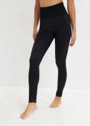 Legginsy ocieplane z miękką spodnią stroną i deseniem w pepitkę. Czarne legginsy bonprix, bez wzorów. Za 54.99 zł.