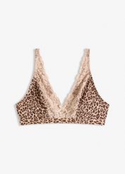 Biustonosz bralette bez fiszbinów z miękką podszewką, w panterkę. Brązowe biustonosze bonprix, bez wzorów. Za 32.99 zł.