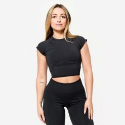 Koszulka do treningu siłowego damska Domyos krótki rękaw. Niebieskie t-shirty sportowe DOMYOS, s, bez wzorów, z dzianiny, bez ramiączek, na fitness i siłownię. Za 69.99 zł.