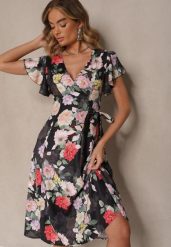 Czarna Kopertowa Sukienka w Kwiaty Atesalia. Czarne sukienki Renee, na co dzień, m, bez wzorów, eleganckie, bez kołnierzyka, bez ramiączek, midi, kopertowe. W wyprzedaży za 91.99 zł.