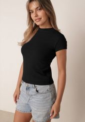 Czarny Gładki T-shirt z Wiskozy ze Stójką w Minimalistycznym Stylu Deleus. Czarne t-shirty Born2be, l, z aplikacjami, z jeansu, eleganckie, bez kołnierzyka, bez ramiączek. Za 39.99 zł.