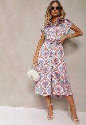 Niebiesko-Różowa Rozkloszowana Sukienka Boho z Wiskozą o Koszulowym Kroju Ozdobiona Paskiem Josofia. Niebieskie sukienki Renee, l, bez wzorów, z materiału, boho, bez kołnierzyka, bez ramiączek, midi, koszulowe. W wyprzedaży za 99.99 zł.