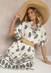 Czarno-Kremowa Sukienka z Wiskozy w Stylu Boho o Pudełkowym Kroju z Rozcięciami Virbia. Czarne sukienki Renee, na co dzień, l, bez wzorów, z wiskozy, boho, bez kołnierzyka, bez ramiączek, midi. W wyprzedaży za 75.99 zł.