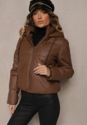 Brązowa Kurtka z Ekoskóry z Pikowanymi Przeszyciami i Kapturem Galezi. Brązowe kurtki Renee, l, bez wzorów, z jeansu, eleganckie, z kapturem. W wyprzedaży za 146.99 zł.