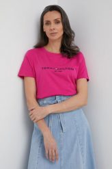 Tommy Hilfiger T-shirt damski kolor różowy. Czerwone t-shirty Tommy Hilfiger, l, bez wzorów, z bawełny, bez kołnierzyka, bez ramiączek. W wyprzedaży za 144.99 zł.
