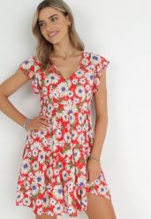 Czerwona Sukienka Mini z Wiskozy z Gumką w Pasie i Falbankami Nidi. Czerwone sukienki Born2be, na imprezę, m, bez wzorów, z wiskozy, bez kołnierzyka, bez ramiączek, mini. Za 99.99 zł.