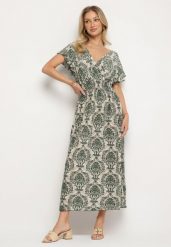 Zielona Sukienka w Etno Wzór z Falbankami i Gumką w Pasie Ellivira. Zielone sukienki Born2be, na co dzień, l, bez wzorów, eleganckie, bez kołnierzyka, bez ramiączek, maxi, kopertowe. Za 79.99 zł.