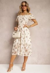 Beżowa Sukienka w Kwiecisty Wzór z Bufkami w Ramionach i Hiszpańskim Dekoltem Nibbia. Brązowe sukienki Renee, uniwersalny, bez wzorów, eleganckie, bez kołnierzyka, bez ramiączek, midi. W wyprzedaży za 151.99 zł.