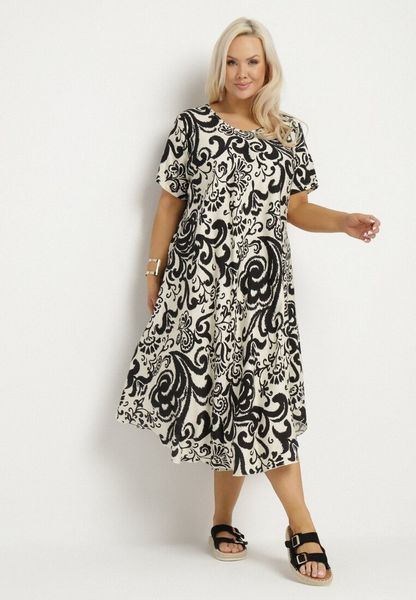 Czarna Rozkloszowana Sukienka z Wiskozy z Geometrycznym Wzorem Emisova. Czarne sukienki Born2be, na co dzień, plus size, bez wzorów, z wiskozy, eleganckie, bez kołnierzyka, plus size, bez ramiączek, mini, rozkloszowane. Za 79.99 zł.