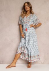 Jasnoniebieska Sukienka Maxi z Krótkim Rękawem i Gumką w Talii Emaya. Niebieskie sukienki Renee, l, bez wzorów, z tkaniny, boho, bez kołnierzyka, bez ramiączek, maxi. W wyprzedaży za 83.99 zł.
