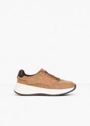 Ciężkie sneakersy ze wstawką z imitacji futra. Brązowe buty sportowe lifestyle bonprix, bez wzorów, sportowe, bez zapięcia. Za 149.99 zł.