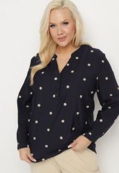 Granatowa Wiskozowa Koszula z Metaliczną Nicią i Haftami w Gwiazdki Xarbia. Niebieskie koszule Born2be, xl, bez wzorów, z jeansu, eleganckie, bez kołnierzyka, bez ramiączek. W wyprzedaży za 76.49 zł.