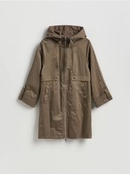 Kurtka parka z kapturem - brązowy. Brązowe kurtki Reserved, l, bez wzorów, z tkaniny, z kapturem. Za 199.99 zł.