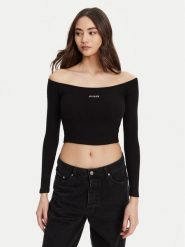 Guess Bluzka V5YP07 K8RT2 Czarny Regular Fit. Czarne bluzki Guess, xs, z aplikacjami, z wiskozy, bez kołnierzyka, bez ramiączek. Za 119.99 zł.