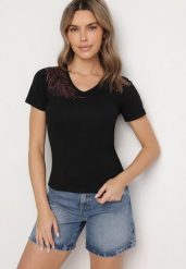 Czarny Bawełniany T-shirt z Dekoltem w Serek z Cyrkoniową Aplikacją Nirivale. Czarne t-shirty Born2be, l, z aplikacjami, z bawełny, eleganckie, bez kołnierzyka, bez ramiączek. Za 39.99 zł.