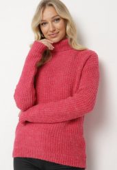 Fuksjowy Klasyczny Golf Ertina. Czerwone swetry Born2be, m, bez wzorów, z jeansu, eleganckie, bez ramiączek. W wyprzedaży za 101.99 zł.