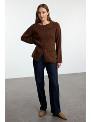 Trendyol Kardigan w kolorze brązowym rozmiar: S. Brązowe swetry Trendyol, s, bez wzorów, prążkowane, bez ramiączek. Za 95.99 zł.