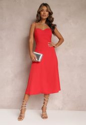 Czerwona Rozkloszowana Sukienka Midi z Rozcięciem na Ramiączkach Josine. Czerwone sukienki Renee, l, bez wzorów, eleganckie, bez kołnierzyka, bez ramiączek, midi, rozkloszowane. W wyprzedaży za 75.99 zł.
