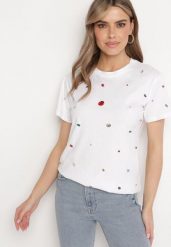 Biały T-shirt Ozdobiony Kolorowymi Cyrkoniami Wiadea. Białe t-shirty Born2be, l, bez wzorów, casualowe, bez kołnierzyka, bez ramiączek. W wyprzedaży za 38.24 zł.