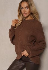 Brązowy Sweter z Ozdobnym Tłoczeniem i Ściągaczami Temariel. Brązowe swetry Renee, bez wzorów, z jeansu, biznesowe, bez ramiączek. W wyprzedaży za 71.99 zł.