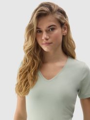 4F T-shirt gładki z bawełną organiczną damski - zielony XS. Zielone t-shirty 4f, xs, bez wzorów, z bawełny, sportowe, bez kołnierzyka, bez ramiączek. W wyprzedaży za 29.99 zł.