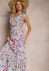 Biało-Różowa Kopertowa Sukienka w Kwiaty o Rozkloszowanym Fasonie Maxi z Falbanką Seneora. Białe sukienki Renee, m, bez wzorów, bez kołnierzyka, bez ramiączek, maxi, kopertowe. W wyprzedaży za 71.99 zł.