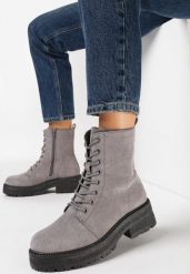 Szare Botki na Grubej Podeszwie z Sznurowaniem Eterna. Szare botki Born2be, bez wzorów, z jeansu, eleganckie, bez obcasa, na płaskiej podeszwie, bez zapięcia. Za 64.99 zł.