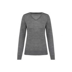Damski sweter z merynosów z dekoltem v-neck Kariban Premium. Szare swetry KARIBAN, na zimę, bez wzorów, z wełny, eleganckie, bez ramiączek. W wyprzedaży za 269.50 zł.