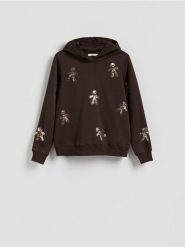 Bluza ze świątecznym motywem - ciemnobrązowy. Brązowe bluzy Reserved, l, bez wzorów, z bawełny, wizytowe, bez ramiączek, bez kaptura. Za 99.99 zł.