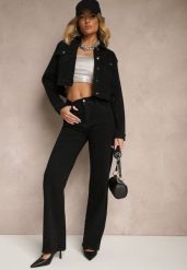 Czarne Szerokie Jeansy z Bawełną High Waist Xarseli. Czarne jeansy Renee, z aplikacjami, z bawełny, klasyczne, z podwyższonym stanem. W wyprzedaży za 95.99 zł.
