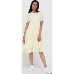 Tommy Hilfiger sukienka bawełniana kolor żółty mini rozkloszowana. Żółte sukienki Tommy Hilfiger, bez wzorów, z bawełny, bez kołnierzyka, bez ramiączek, mini, rozkloszowane. W wyprzedaży za 369.99 zł.