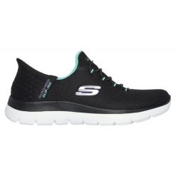 Buty Skechers Slip-ins Summits - Diamond Dream 150123-BKTQ czarne. Czarne buty treningowe bez wzorów, z tkaniny, bez zapięcia, trekkingowe. Za 517.53 zł.