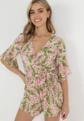 Zielono-Różowy Kombinezon Astiphae. Zielone kombinezony Born2be, l, bez wzorów, bez kołnierzyka, bez ramiączek, mini, kopertowe. Za 189.99 zł.