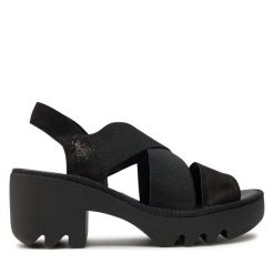 Sandały Fly London. Czarne sandały Fly London, bez wzorów, bez obcasa, na słupku, bez zapięcia. Za 519.99 zł.