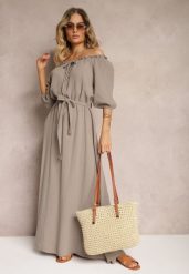 Beżowa Bawełniana Sukienka z Muślinu Wiązana przy Dekolcie z Paskiem i Gumką w Talii Tasda. Brązowe sukienki Renee, na imprezę, bez wzorów, z bawełny, eleganckie, bez kołnierzyka, bez ramiączek, maxi. W wyprzedaży za 125.99 zł.