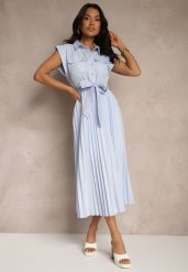 Jasnoniebieska Sukienka Plisowana z Bawełną Ozdobiona Paskiem Lirabelle. Niebieskie sukienki Renee, na co dzień, l, z aplikacjami, z bawełny, eleganckie, bez kołnierzyka, bez ramiączek, maxi, plisowane. W wyprzedaży za 111.99 zł.