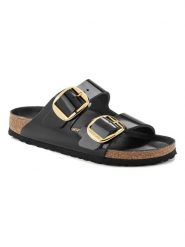 Birkenstock Skórzane klapki "Arizona" w kolorze czarnym rozmiar: 39. Czarne klapki Birkenstock, bez wzorów, z lakierowanej skóry, klasyczne, z otwartym noskiem, bez obcasa, bez zapięcia. Za 615.95 zł.