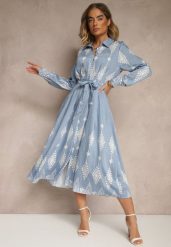 Niebieska Sukienka z Wiskozą Ozdobiona Geometrycznym Motywem i Paskiem Folmara. Niebieskie sukienki Renee, na co dzień, l, bez wzorów, z jeansu, eleganckie, bez kołnierzyka, bez ramiączek, maxi. W wyprzedaży za 107.99 zł.