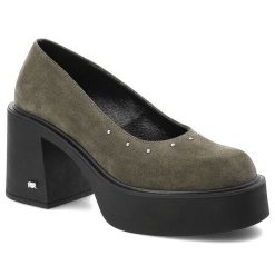 Zielone Półbuty Karino Eleganckie Obuwie Damskie. Zielone półbuty wsuwane Karino, z aplikacjami, z weluru, eleganckie, bez obcasa, na obcasie. Za 424.99 zł.
