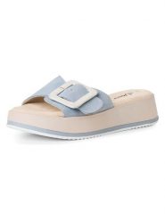 S.Oliver Skórzane klapki w kolorze błękitnym rozmiar: 36. Niebieskie klapki S.Oliver, bez wzorów, klasyczne, z otwartym noskiem, bez obcasa, na platformie, bez zapięcia. Za 173.99 zł.