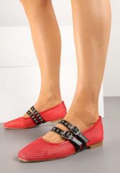 Czerwone Balerinki z Siateczkową Cholewką i Paskami w Rockowym Stylu Korlevia. Czerwone baleriny Born2be, bez wzorów, z jeansu, eleganckie, bez obcasa, bez zapięcia. Za 64.99 zł.