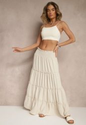 Jasnobeżowa Rozkloszowana Spódnica z Gumką w Talii Zdobiona Falbanami Dovinelle. Brązowe spódnice Renee, na co dzień, l, z aplikacjami, eleganckie, maxi, rozkloszowane. W wyprzedaży za 47.99 zł.