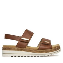 Sandały Remonte. Brązowe sandały Remonte, bez wzorów, bez obcasa, na koturnie, bez zapięcia. Za 379.99 zł.