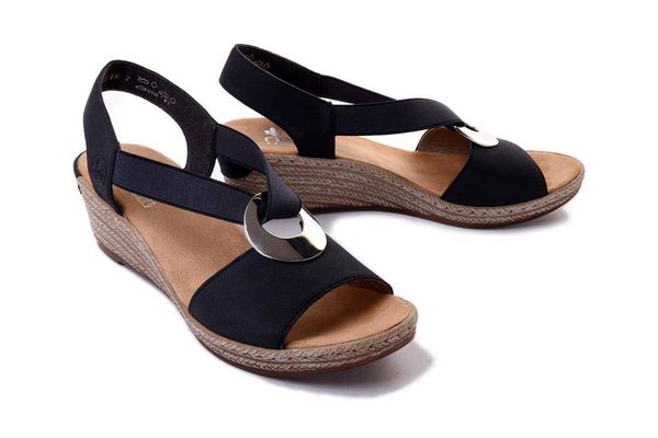 RIEKER 624H6-14 blue, sandały damskie. Niebieskie sandały Rieker, bez wzorów, z gumy, bez obcasa, na koturnie, bez zapięcia. Za 299.90 zł.