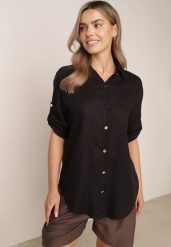 Czarna Koszula Casual z Wiskozą i Lnem z Rękawami 3/4 Linyana. Czarne koszule Born2be, l, bez wzorów, z jeansu, casualowe, bez kołnierzyka, bez ramiączek. Za 99.99 zł.