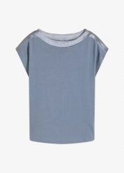 T-shirt z satynowym karczkiem. Niebieskie t-shirty bonprix, bez wzorów, z satyny, eleganckie, bez kołnierzyka, bez ramiączek. Za 97.99 zł.