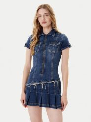 Guess Sukienka jeansowa W5YK71 D4H1D Niebieski Regular Fit. Niebieskie sukienki Guess, xxl, z aplikacjami, z bawełny, bez kołnierzyka, bez ramiączek. Za 529.99 zł.