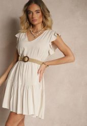 Jasnobeżowa Bawełniana Sukienka Rozkloszowana z Falbankami Mirlio. Brązowe sukienki Renee, na co dzień, l, bez wzorów, z bawełny, eleganckie, bez kołnierzyka, bez ramiączek, mini, kopertowe. W wyprzedaży za 39.99 zł.