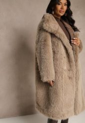 Ciemnobeżowy Dwurzędowy Płaszcz Futerko o Dwustronnym Kroju z Kołnierzem Nalaneva. Brązowe płaszcze Renee, l, bez wzorów, z futra, eleganckie, bez kaptura. Za 449.99 zł.